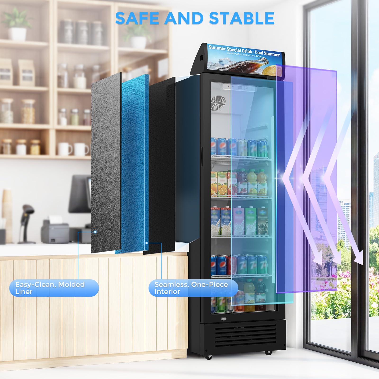 Electactic 9 Cu.Ft Commercial Refrigerators, Display Refrigerator With Double-Tempered Glass Door, Commercial Display Fridge With 4 Adjustable Shelves & LED Light, For Shops, Restaurants, Bars on Fridge.com - View 2