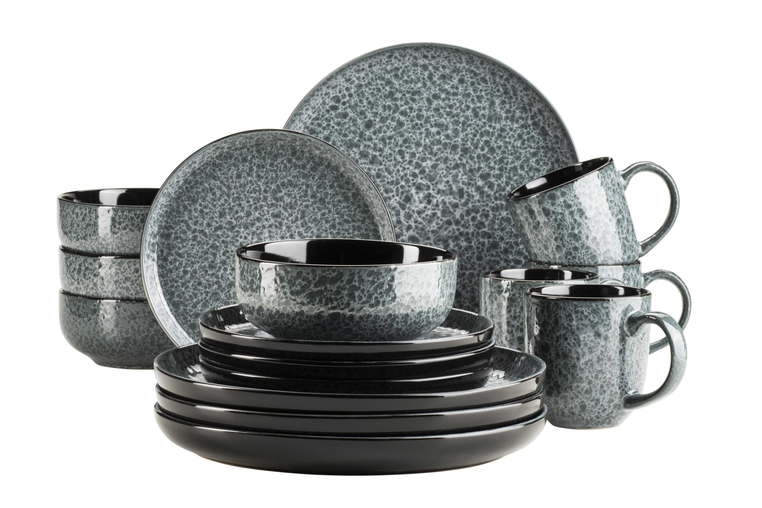 MÄSER 934110 Seria Filippa, ceramiczna zastawa stołowa dla 4 osób, nowoczesny 16-częściowy zestaw naczyń kombi; talerze, miski i kubki z glazurą reaktywną w kolorze zielonym i czarnym, kamionka,