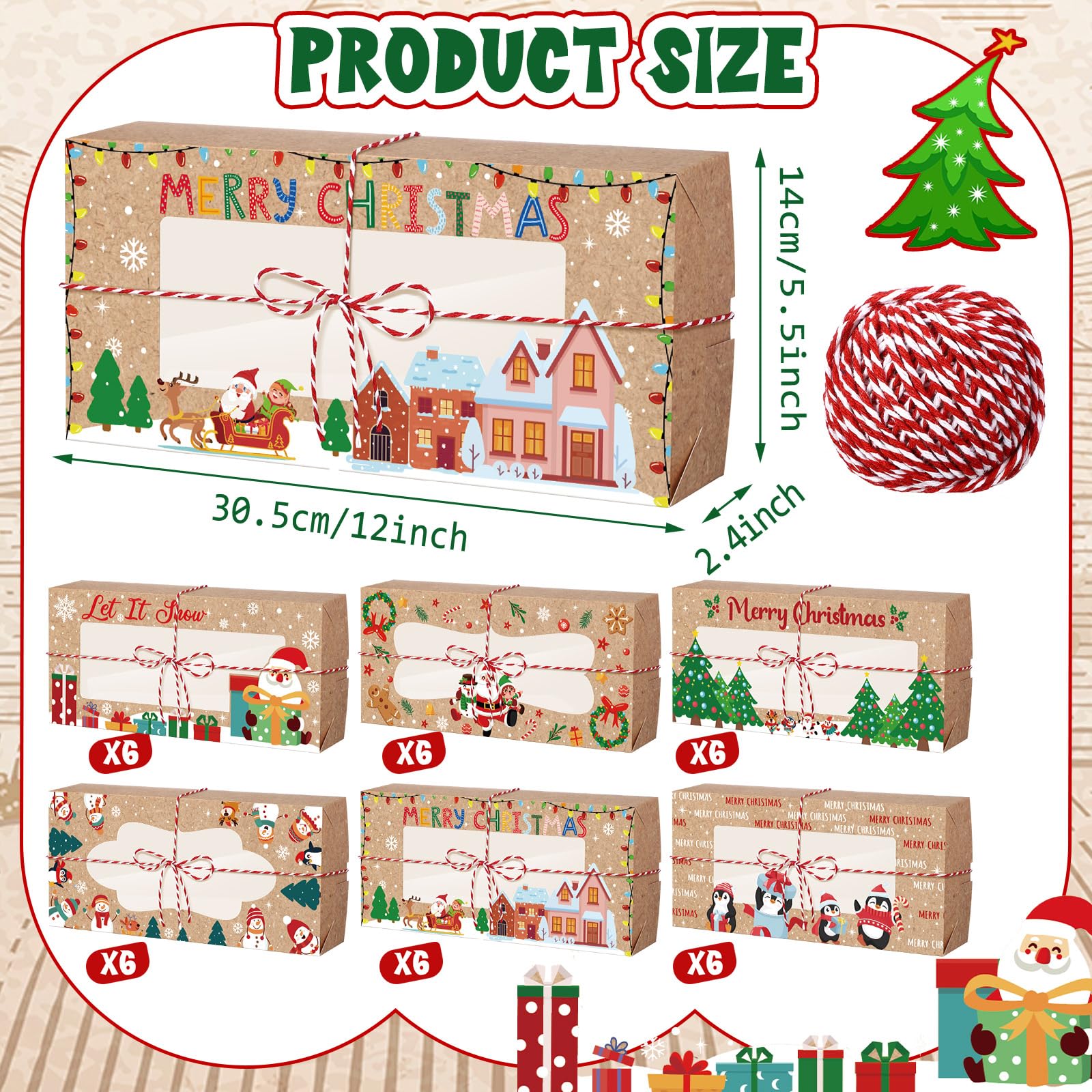 ReliThick 36 Pcs Christmas Cookie Boxes with Window 12 x 5.5 x 2.5 Inch Christmas Treat Boxes Holiday Candy Boxes Xmas Cookie Boxes for Bakery Pastries Cupcakes Treat and Christmas Party Favor