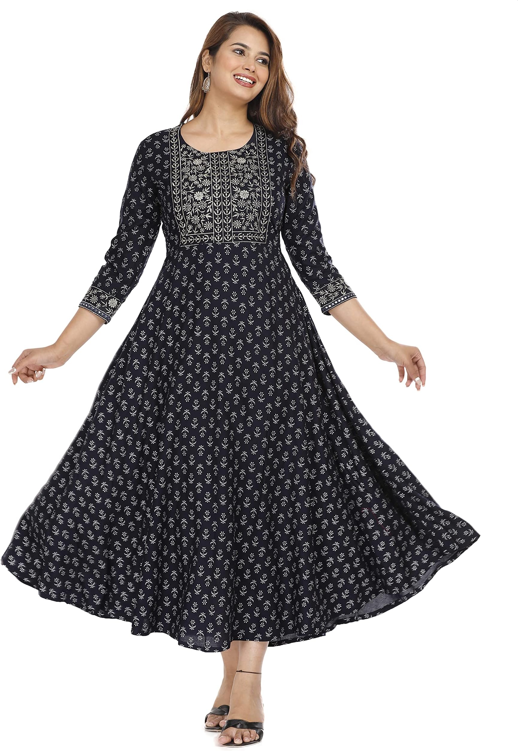 Women's Embroidered Printed Rayon Long Kurti for Regular Wear Girls Flared Kurta