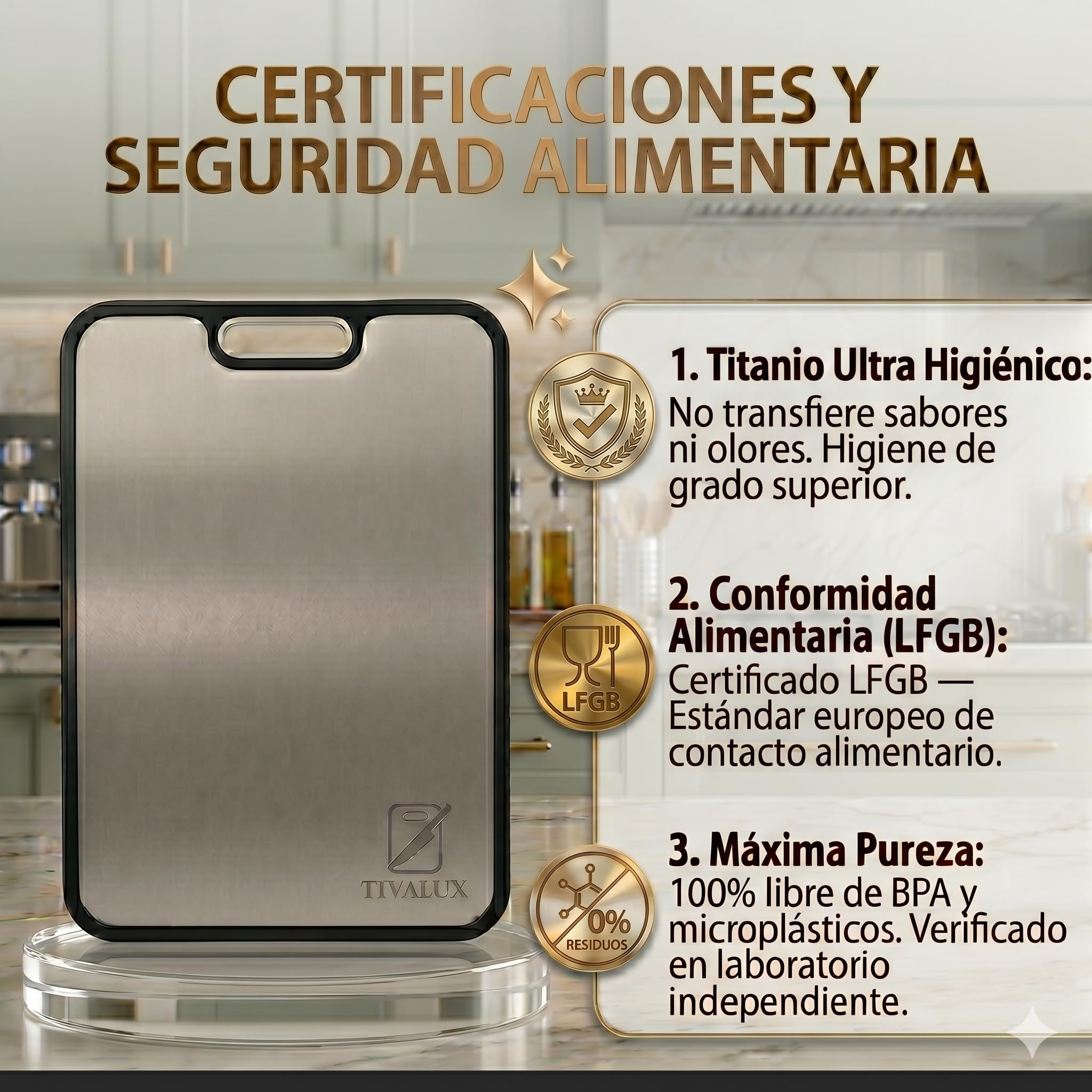 1 Tabla de Cortar Titanio 100% Puro – TIVALUX | Tabla Cocina Titanio 38,5x26,5cm Grande | Certificada LFGB y CE | Doble Cara Antibacteriana | Sin BPA | Trigo Ecológico | Tabla de Cortar Cocina Premium