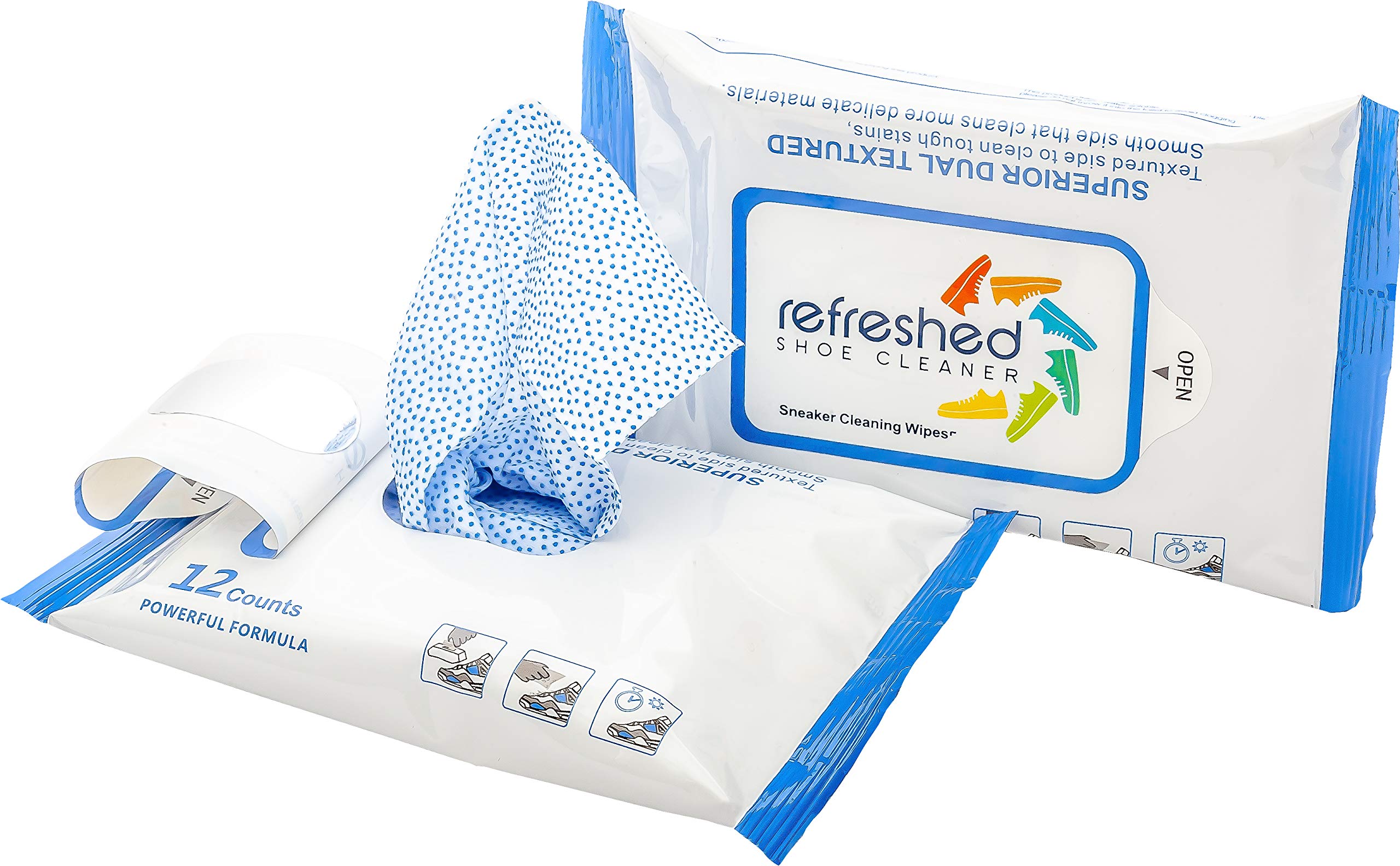 Refreshed Shoe CleanerWipes - 2 Packs of 12 Individually Packaged Sneaker Wipes. Great for Leather, Canvas, Rubber, White Shoes and More. - Perfect for Travel., White, Blue, 1 Ounce