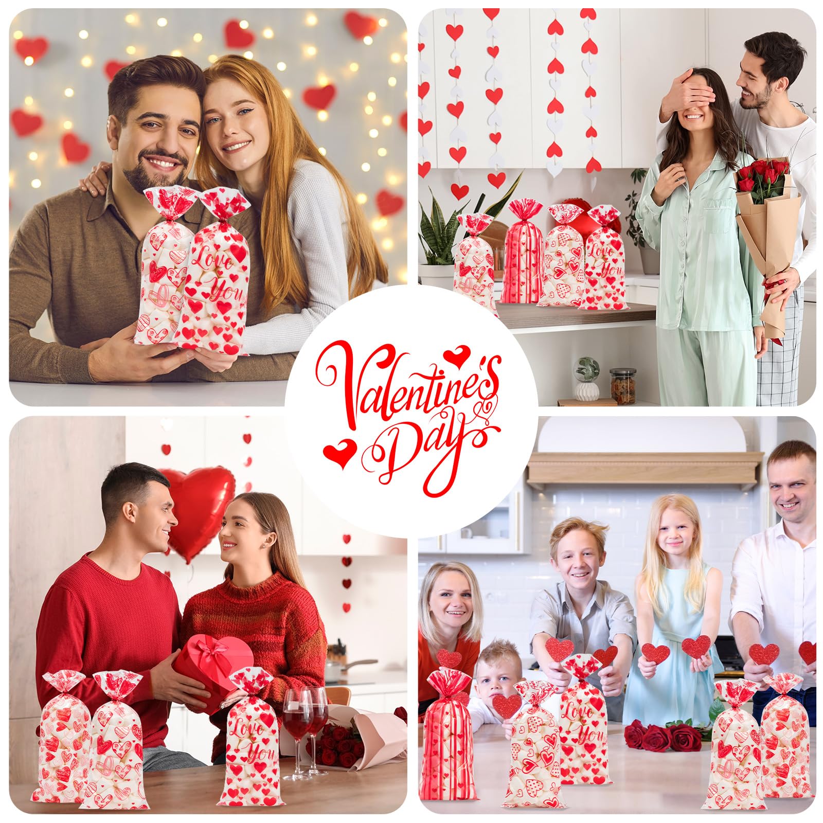 50 Pieces Valentines Party Cellophane Treat Bags Mixed Heart Print