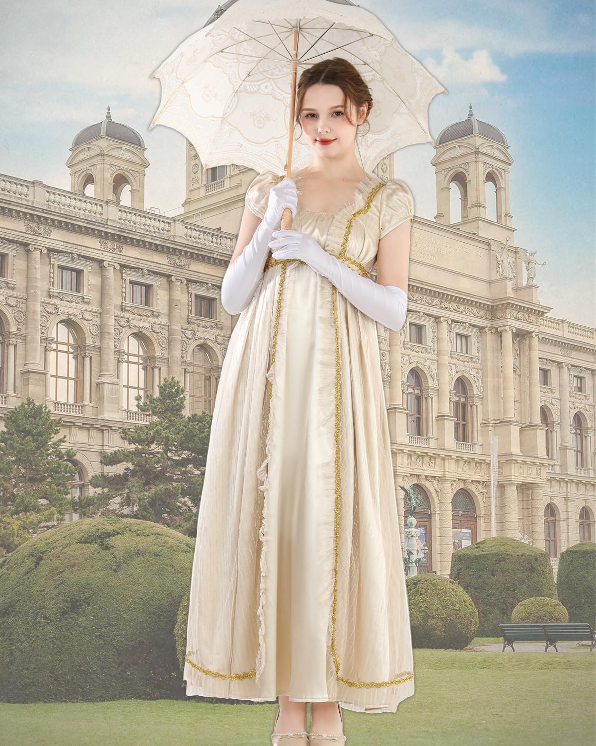 CR ROLECOS Empire - Vestido de mujer dorado con guantes y cinturón, disfraz de Jane Austen, vestido victoriano y rococó (3 piezas)