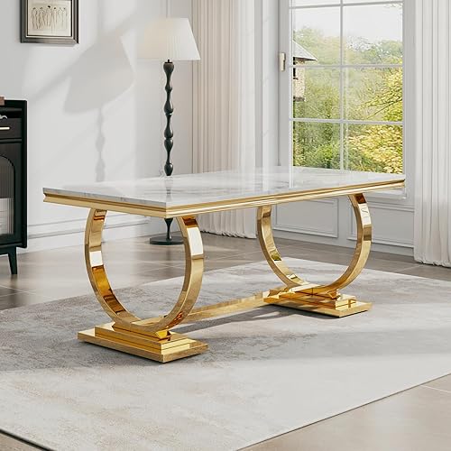 Miniatura 24 de Juego de 6 mesas de comedor de mármol de lujo, mesa de cocina de mármol sintético doble en forma de O de 70 pulgadas con 6 sillas ovaladas de cuero