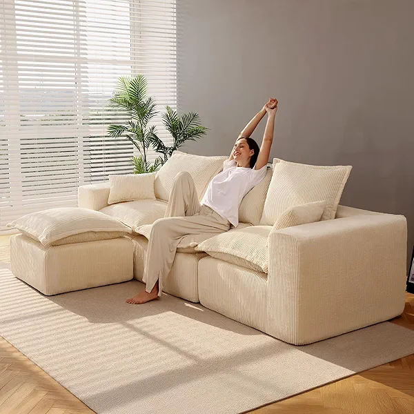 Mifnas 107" Comfy Cloud Couch with L-Shape Chaise & Deep Seat, Modular Sectional Sofa in a Box, Boneless Upholstered Couches for Living Room, No Assembly Required (Soft Corduroy, Beige)