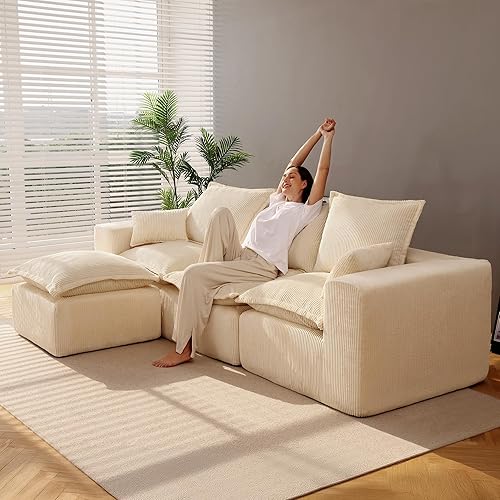 107" Comfy Cloud Couch with L-Shape Chaise & Deep Seat, Modular Sectional Sofa in a Box, Boneless Upholstered Couches for Living Room, No Assembly Required (Soft Corduroy, Beige)