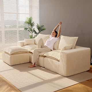 107" Comfy Cloud Couch with L-Shape Chaise & Deep Seat, Modular Sectional Sofa in a Box, Boneless Upholstered Couches for Living Room, No Assembly Required (Soft Corduroy, Beige) - Amazon product rated Grade A