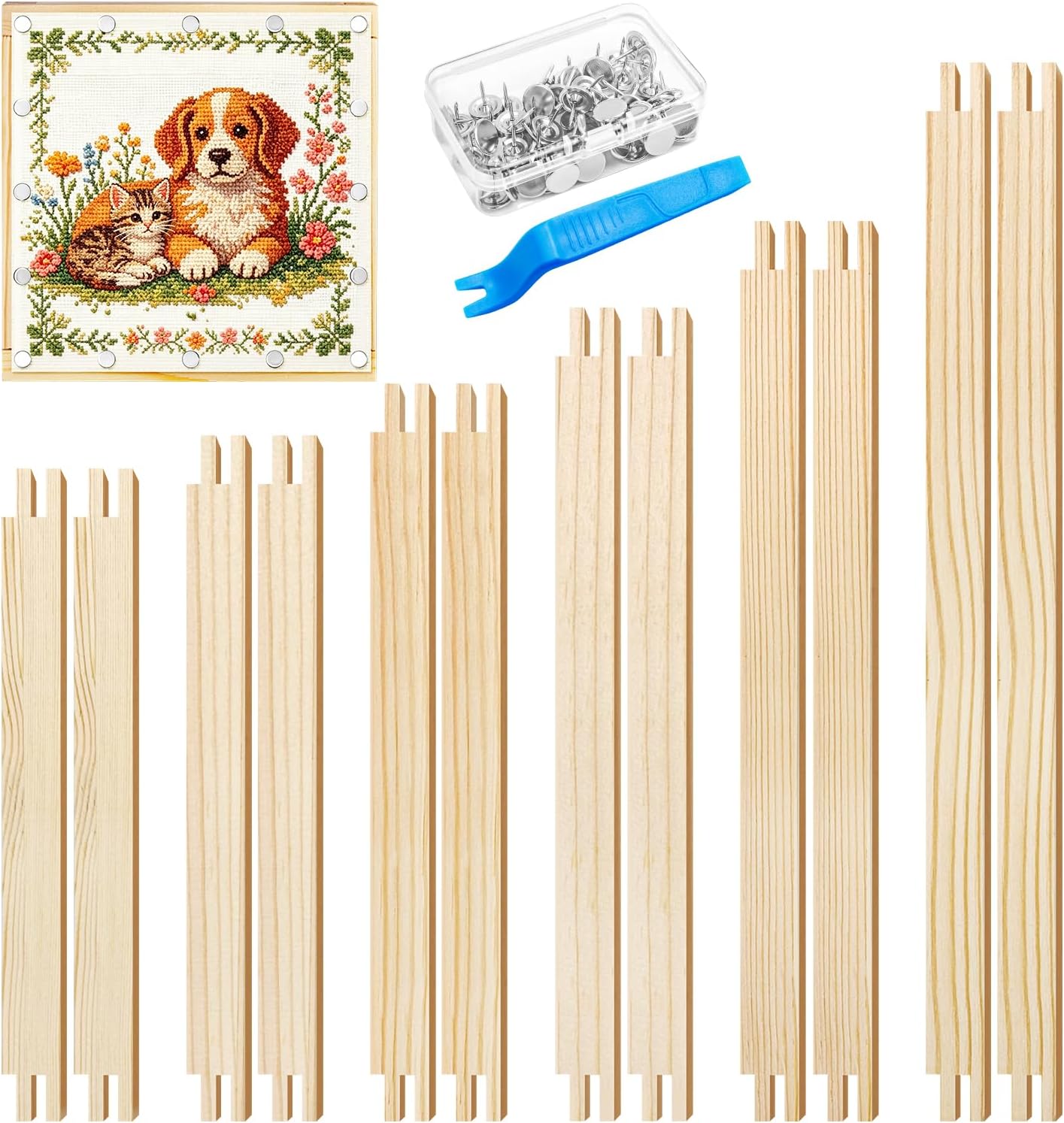 tutata 24 Pcs 12 Sets Stretcher Bars for Needlework, 6 Sizes(8’’, 9’’, 10’’, 11’’, 12’’, 14’’) Wooden Canvas Stretcher Bars, Needlepoint Embroidery Stitch Frame Set Bundle with Crafts
