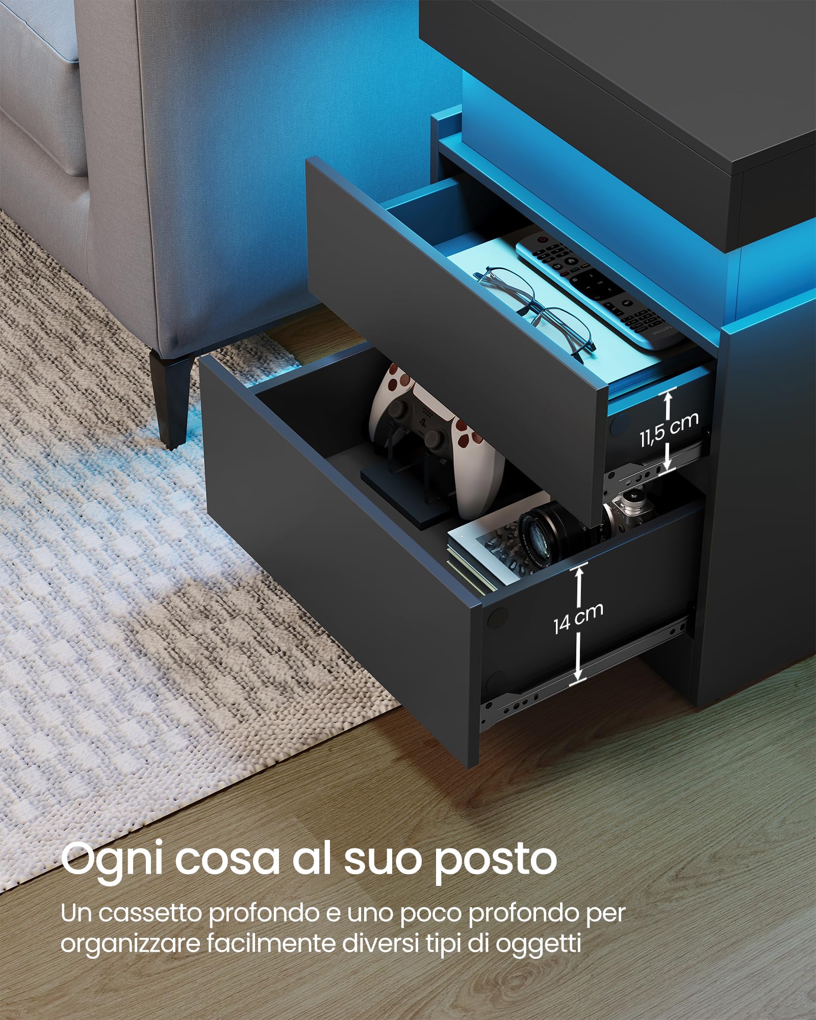 VASAGLE KAILYN Collezione - Comodini con Multipresa, Set di 2, Tavolini con Piano Scorrevole, 2 Cassetti, Striscia LED, Stile Moderno, 35 x 40 x 55 cm, Nero Inchiostro LET840BC01