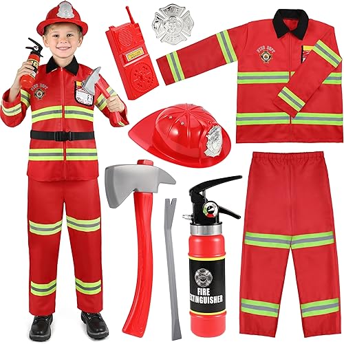 Miniatura 9 de GIFTINBOX Disfraz de bombero para niños, disfraz de bombero para niños con accesorios, disfraz de Halloween para niños, juego de rol