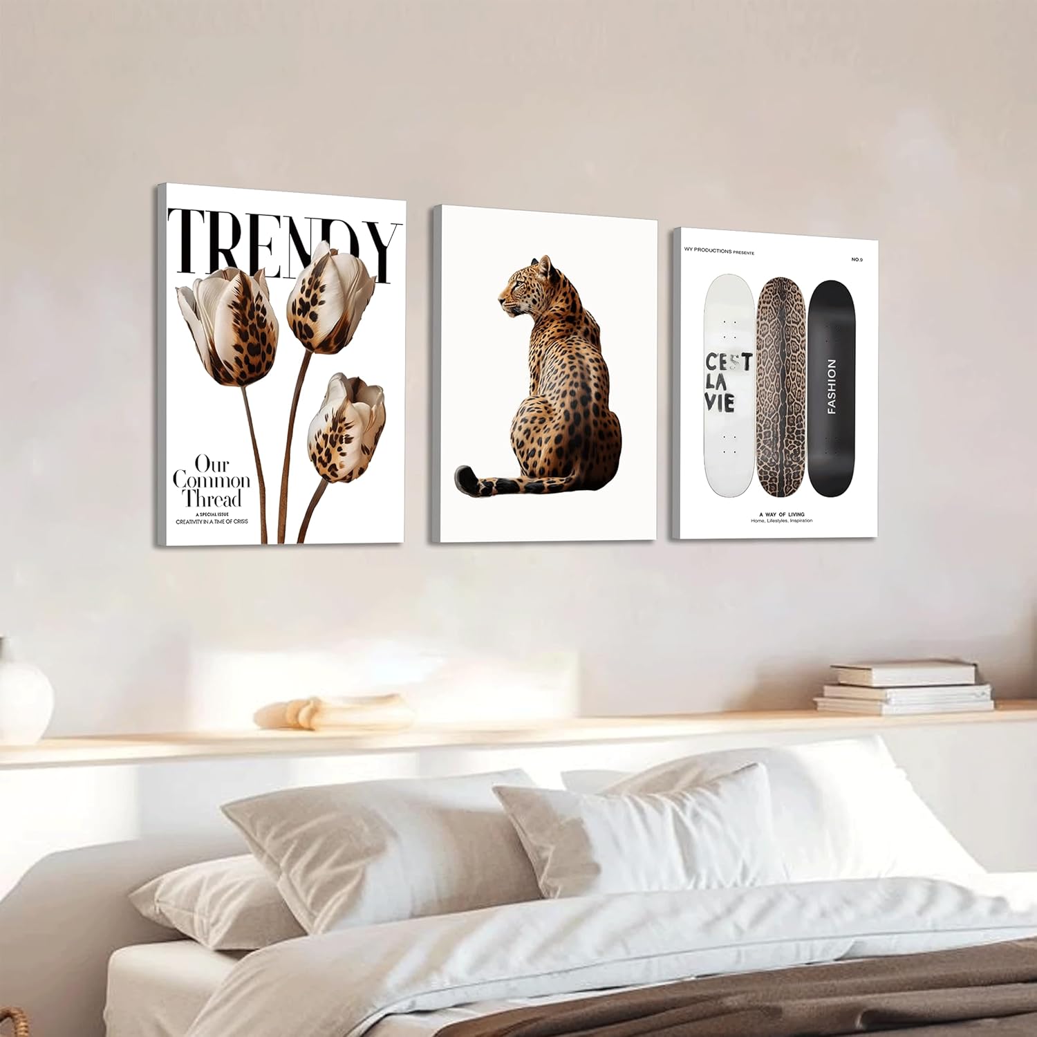 3Pcs Framed Trendy Leopard Print Canvas Wall Art Picture Stylish Female Aesthetic Poster Cheetah Printed Preppy Fashion Skateboard Wall Decor for Bedroom Apartment Dorm Living Room 12x16in
