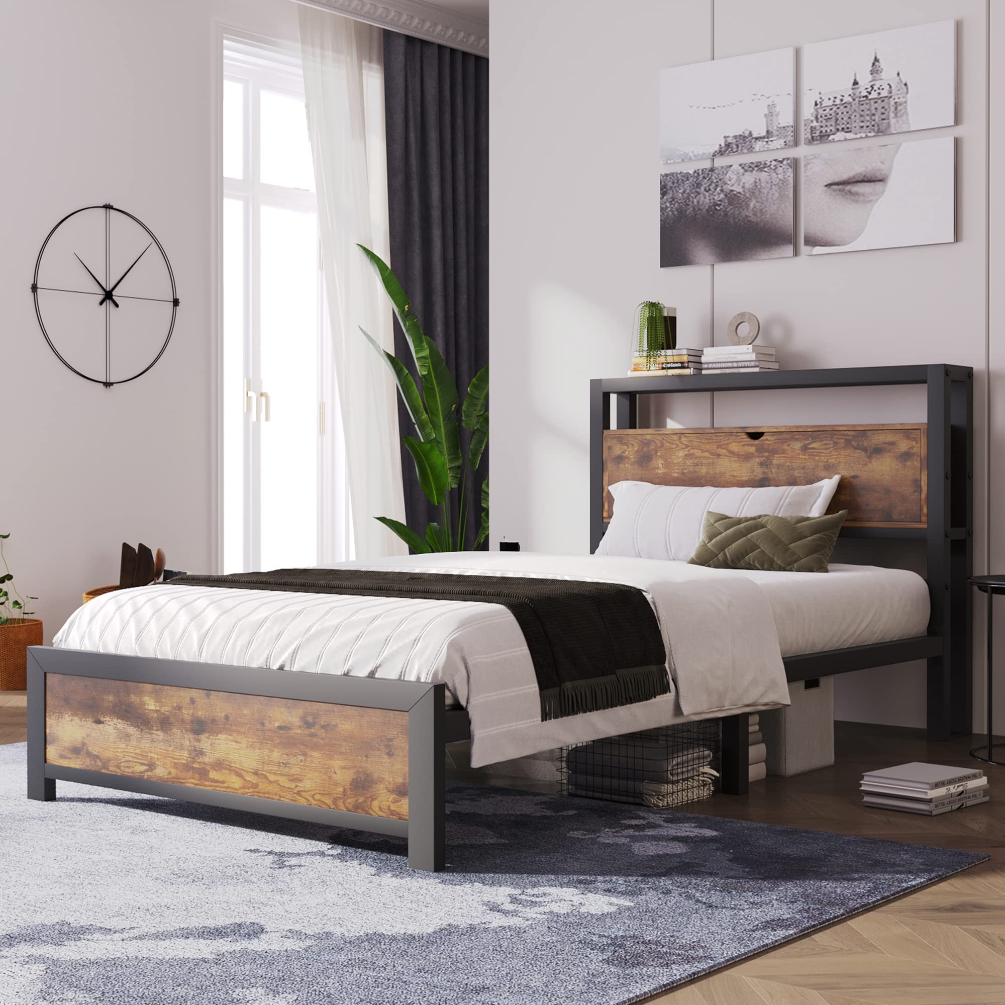 Gecheer Letto Singolo in Metallo con Testiera Contenitore, Letto per Ragazzi 90 x 200 cm in Metallo e MDF, Stile Industriale Nero for Camera da Letto Bambini e Adolescenti