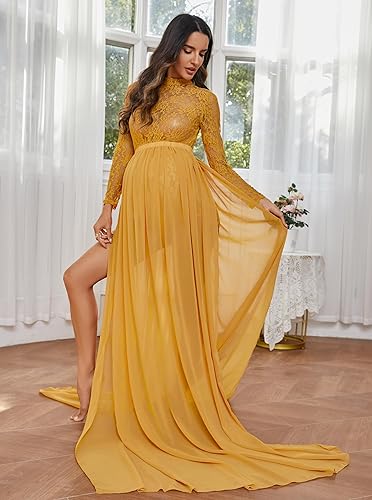 Miniatura 3 de ZIUMUDY Vestido de manga larga con encaje transparente para maternidad para fotografía con falda maxi de gasa para sesión de fotos