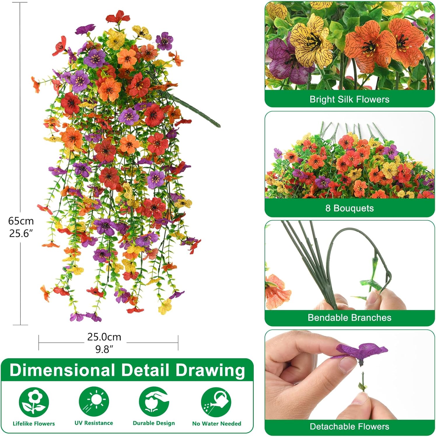 Homsunny Artificial Hanging Flowers for Outdoor, 8PCS Fake Flowers Faux Silk Daisy with Eucalyptus Leaves, UV Resistant Aritificial Outdoor Flowers for Spring Home Patio Balcony Yard Porch Decor