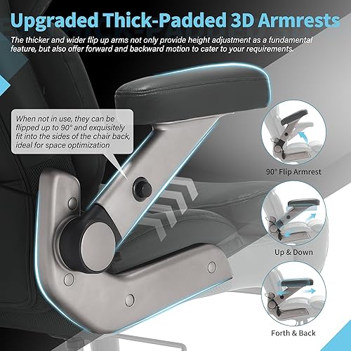 Miniatura 4 de Silla de oficina grande y alta de 700 libras, reposacabezas ajustable y soporte lumbar, brazos abatibles 3D, ruedas grandes y base de metal