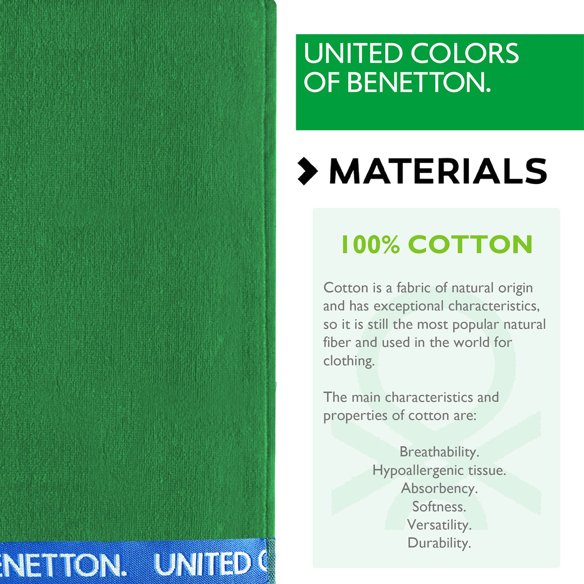 UNITED COLORS OF BENETTON, SET 2 TOALLAS DE PLAYA 90X160CM 380GSM VELOUR 100PercentALGODON VERDE CASA BENETTON, 90x160 c/u