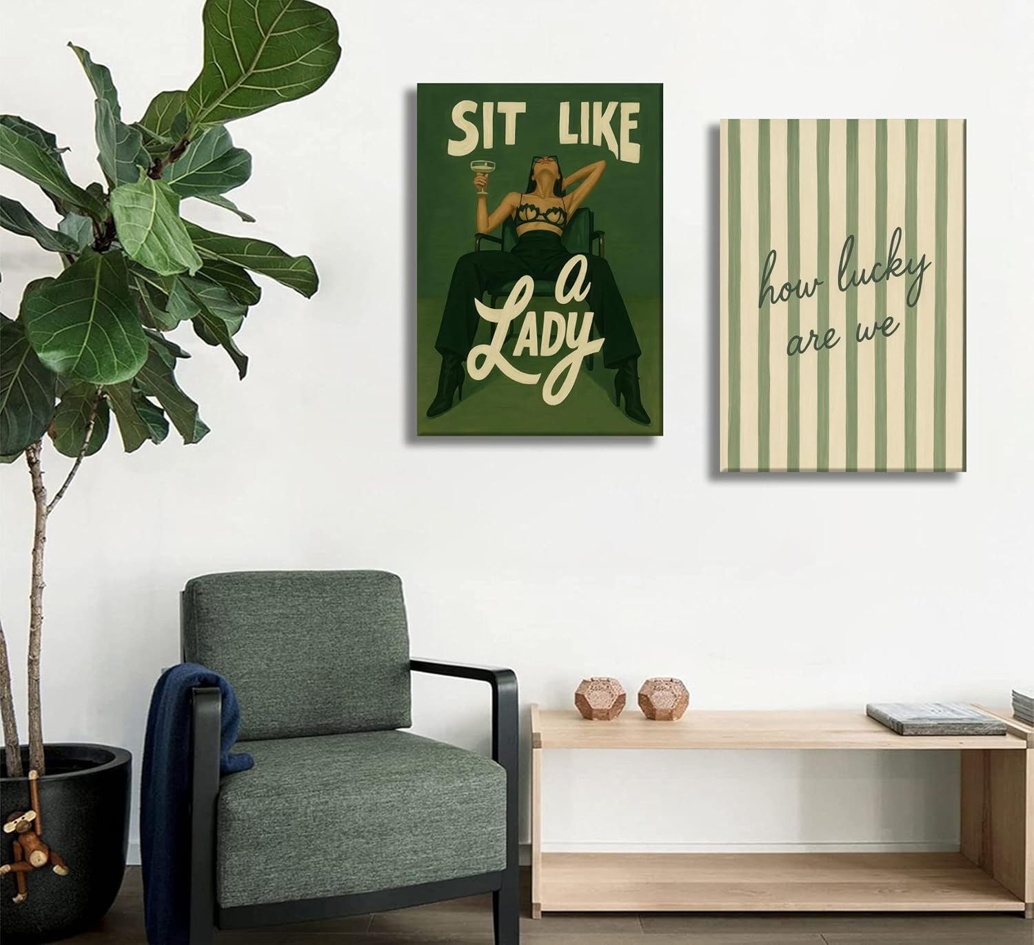 3Pcs Trendy Bold Feminist Wall Art Green Vintage Funky Girl Power Poster Woman Heels Martini Canvas Wall Decor How Lucky Are We painting Picture Print artwork for Apartment bedroom,Framed