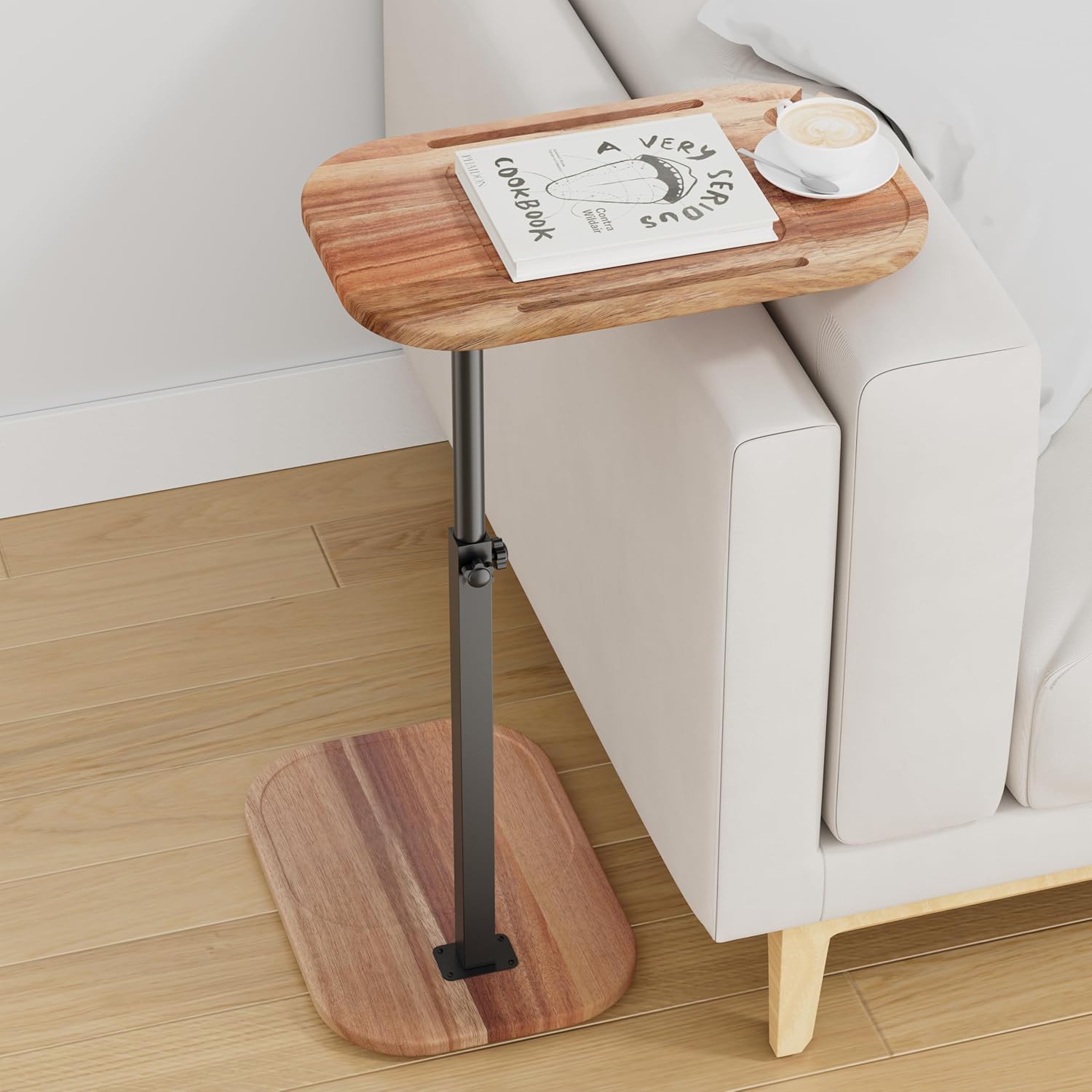 ZUJJAFY TV Tray Table Adjustable Height Swivel Tray Tables for Couch, Acacia Wood Couch Side Table for Drinks, Snacks and Small Space, C Shaped End Table Couch Arm Table for Sofa, Bed or Chair Acacia Wood (W/ Wine Glass Holder)