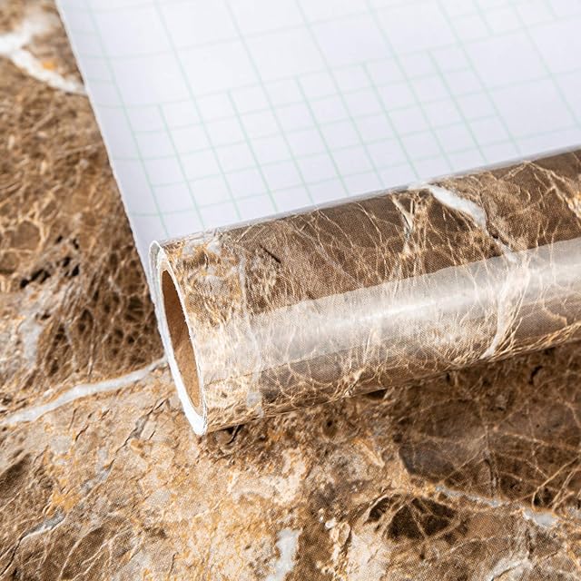 TOTIO Marble Peel-Stick Wallpaper Brown 16x118inch Table Door Furniture Sticker Self-Adhesive Marble Vinyl Film Granite Contact Paper Sticky Back Plastic Wallpaper Shelf Sticker