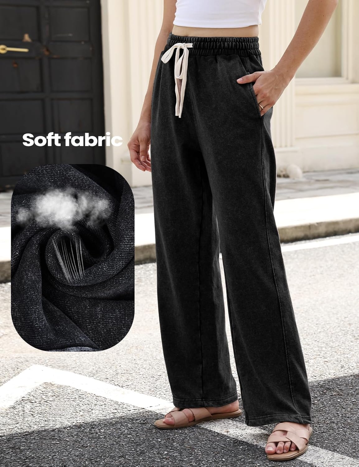 Gihuo Womens Baggy Sweatpants Wide Leg Palazzo Pants Acid Wash Cotton Pants Drawstring Athletic Jogger with Pockets - Image 4