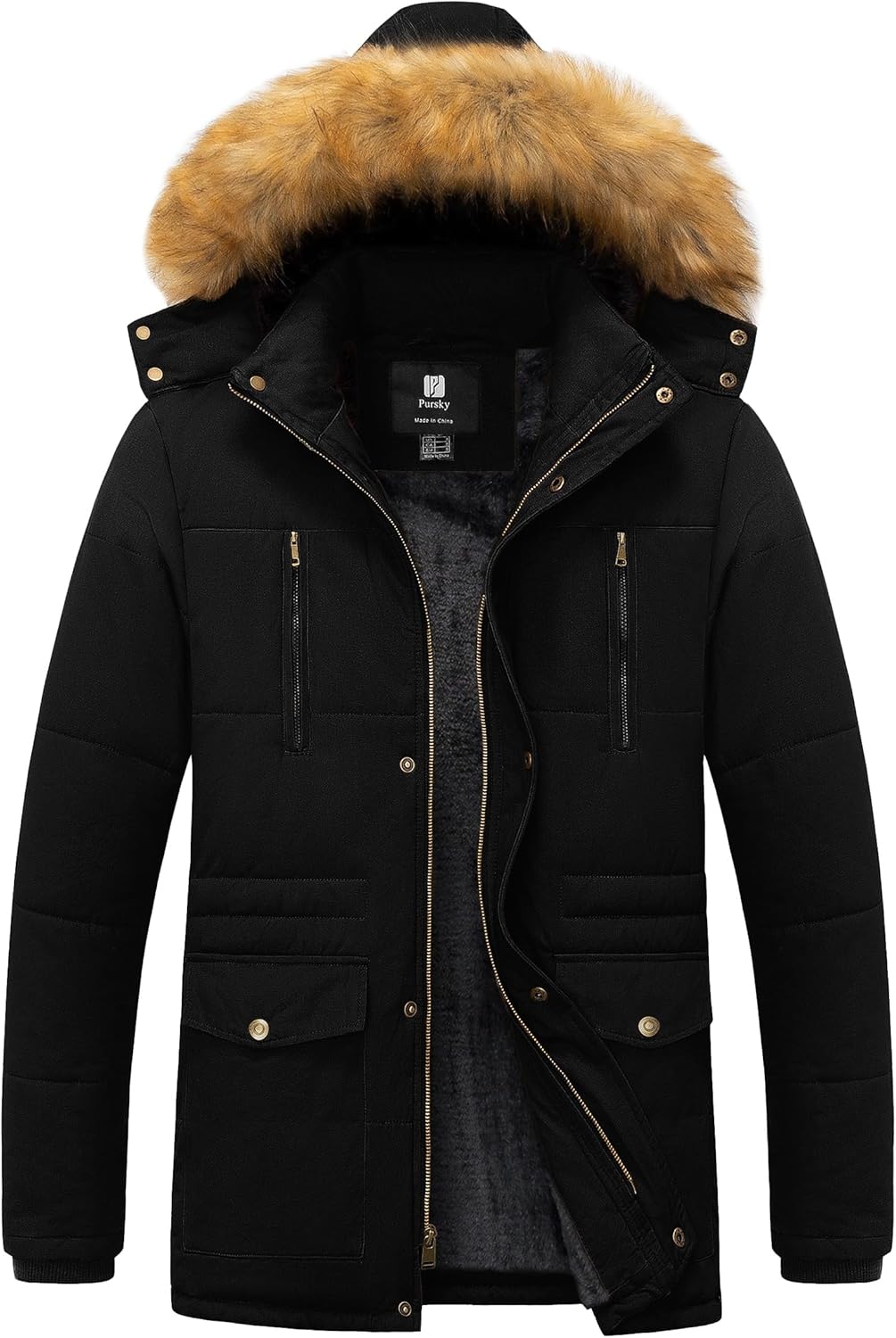 Pursky Men's Winter Cotton Military Coat Fleece Lined Warm Work Jacket Thicken Parka with Removable Faux Fur Hood