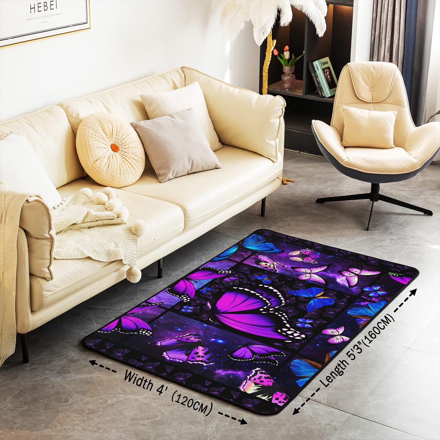 Homewish Tapis de Salon Galaxie Ciel Étoilé, Décoration Papillon Bleu Violet - Lavable