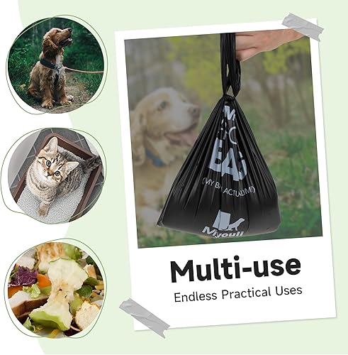 Miniatura 7 de Miyouli 300 bolsas de basura biodegradables de color negro extra grueso para excrementos de mascotas con asas para perros con aroma al viento del