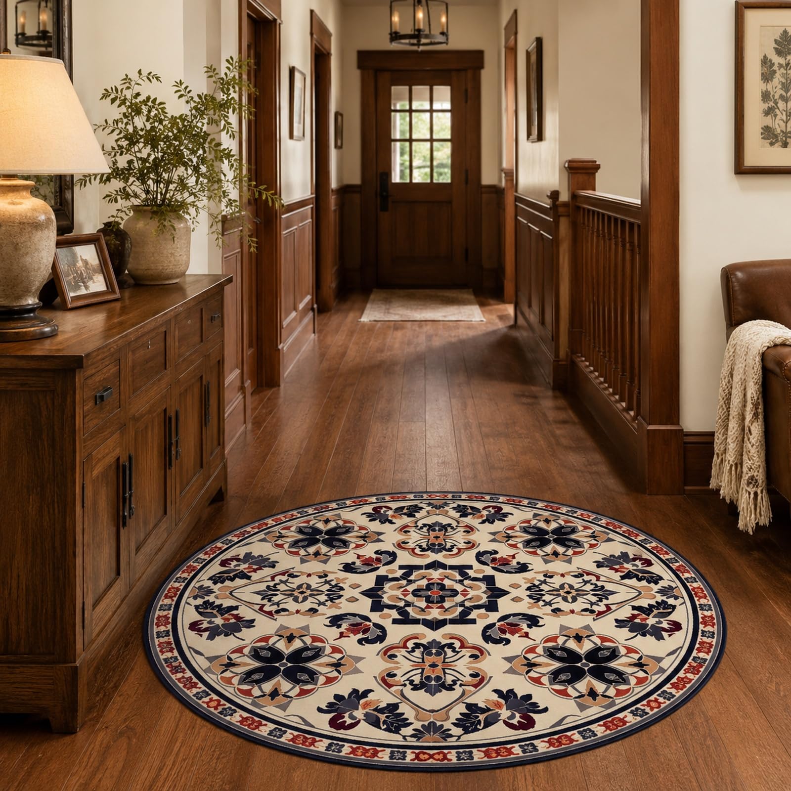 Tapis poils courts rond oriental beige bleu rouge gris 110 cm lavable