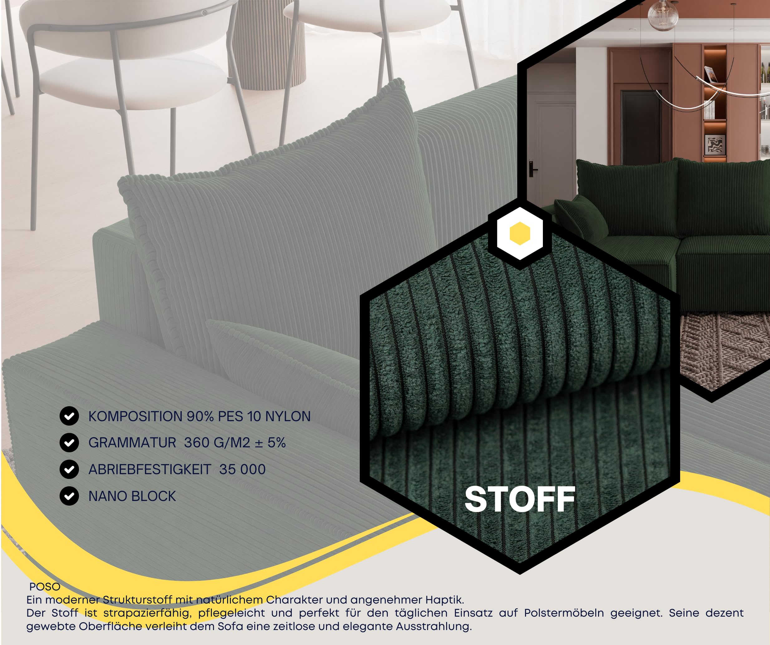 Ecksofa mit Schlaffunktion Tobi 246x145 cm - Couch - Sofa mit Bettkasten - Eckcouch - L-Form - Schlaffsofa - Schlafsofa mit Bettkasten - Universal (Cord Poso 14 Flaschengrün)