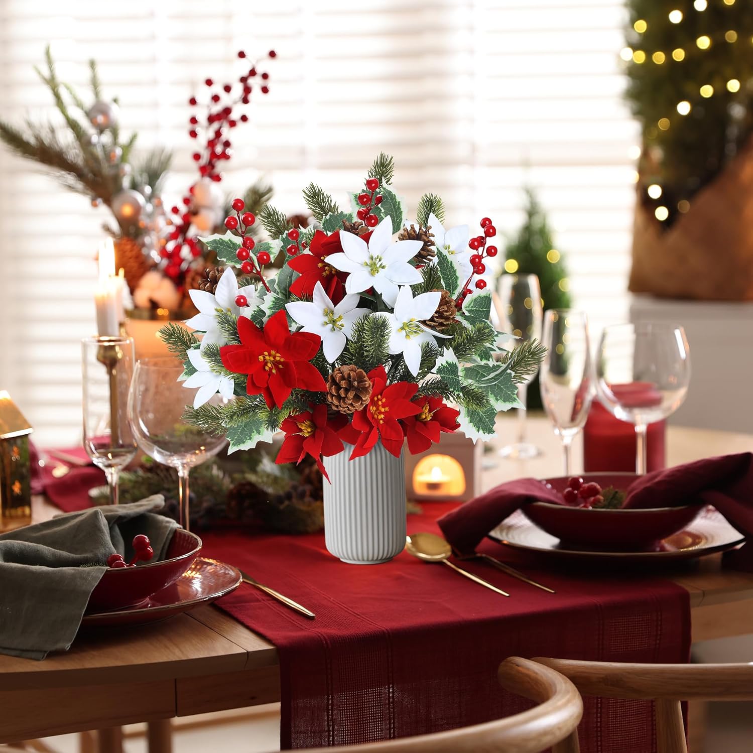 Sggvecsy 14Pcs Christmas Flowers Artificial Poinsettia Bouquet 18’’ Pine Branches Red Berry Stems Holly Leave Picks with Pinecones for Home Porch Garden Indoor Outdoor Holiday Xmas Decorations