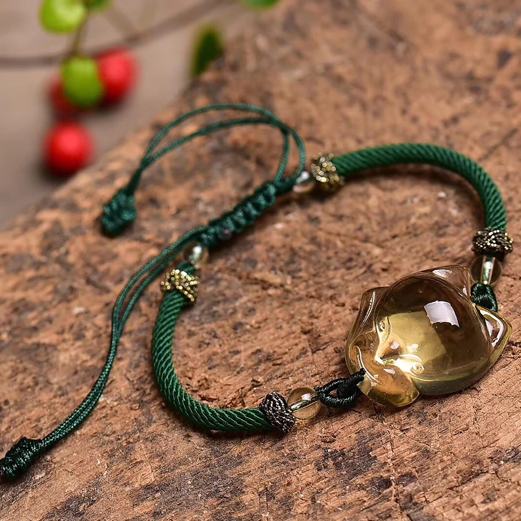 Pulsera Feng Shui Pulsera de prosperidad Pulsera de piedras preciosas naturales Pulsera de cristal amarillo Pulsera de amuleto de la suerte de zorro for mujeres Hombres Pulsera de hilo rojo Reiki Chak