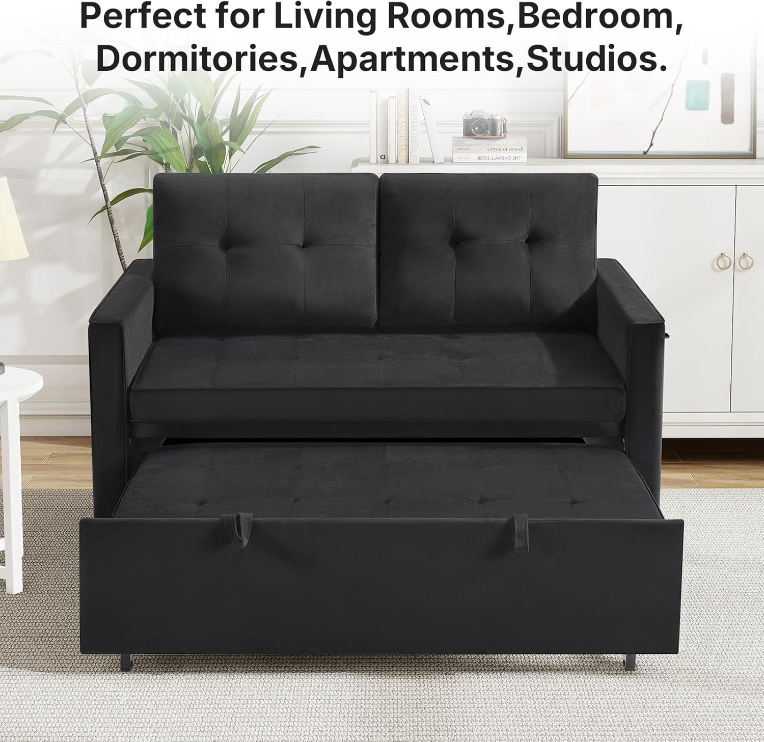 Rovibek 3-in-1 Velvet Sleeper Sofa Bed, Convertible Pull Out Couch for Living Room with Adjustable Backrest, Side Pockets, Velvet Fabric Loveseat Sofa for Apartment, Black