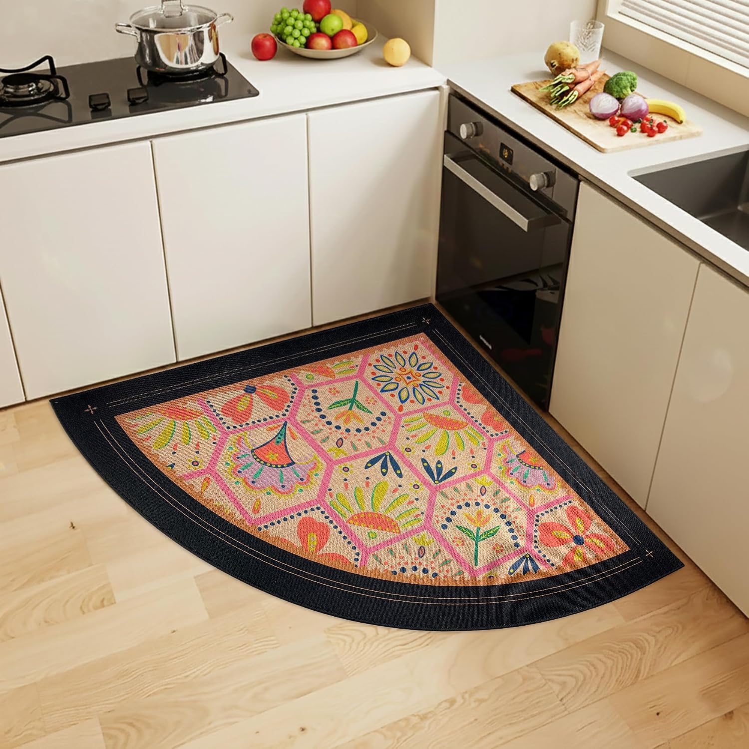 Triangle Kitchen Corner Rugs, Non Slip Comfort Washable Quick Dry Mat for Door Mat,Sink,Laundry Room(32Inch Boho Flower)