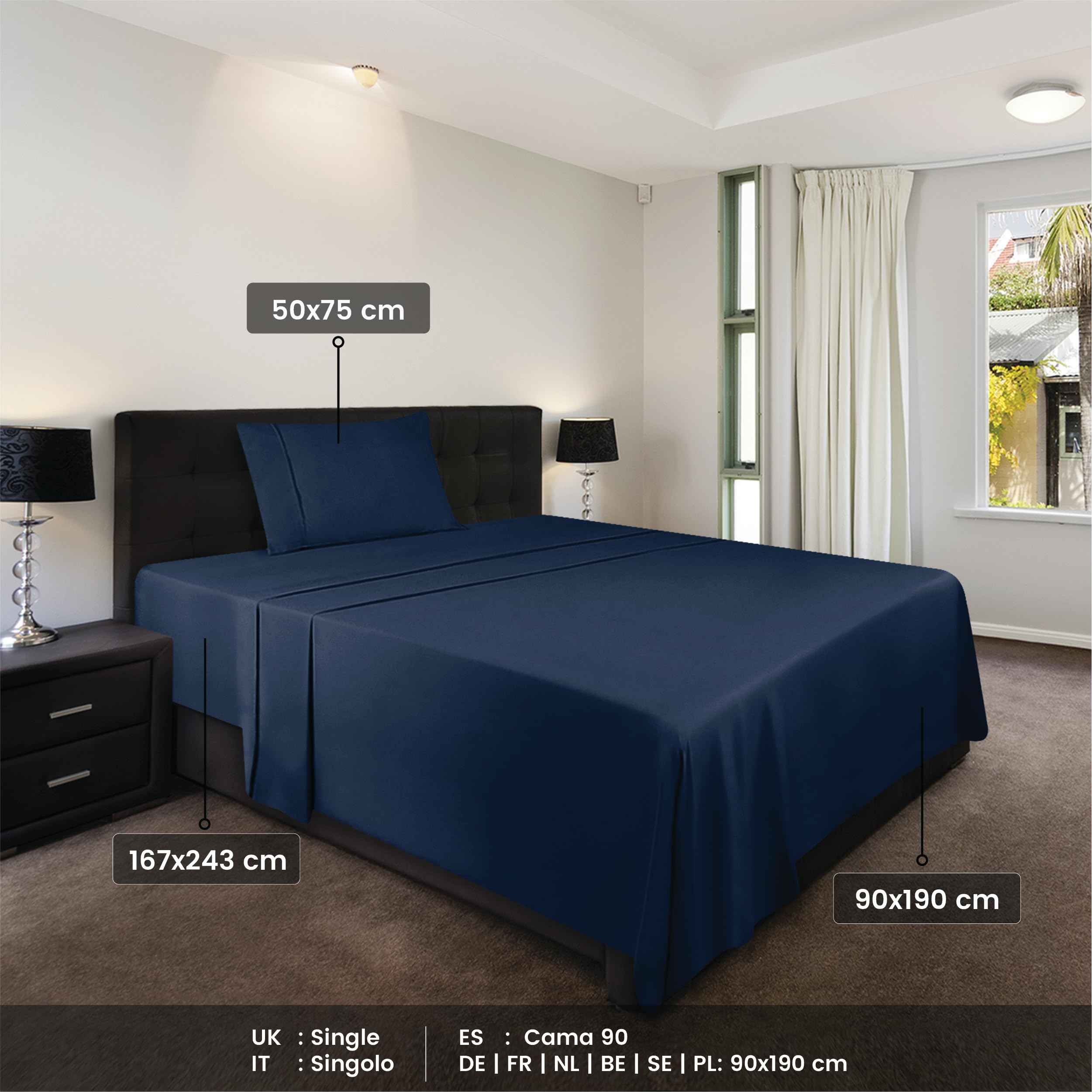 Utopia Bedding - Set Lenzuola Singolo 3 Pezzi 90x190 cm - Set Lenzuola Letto, Spazzolata Poliestre di Microfibra - Lenzuolo con Angoli, Lenzuolo Piatto e 1 Federa 50x75, Blu Navy