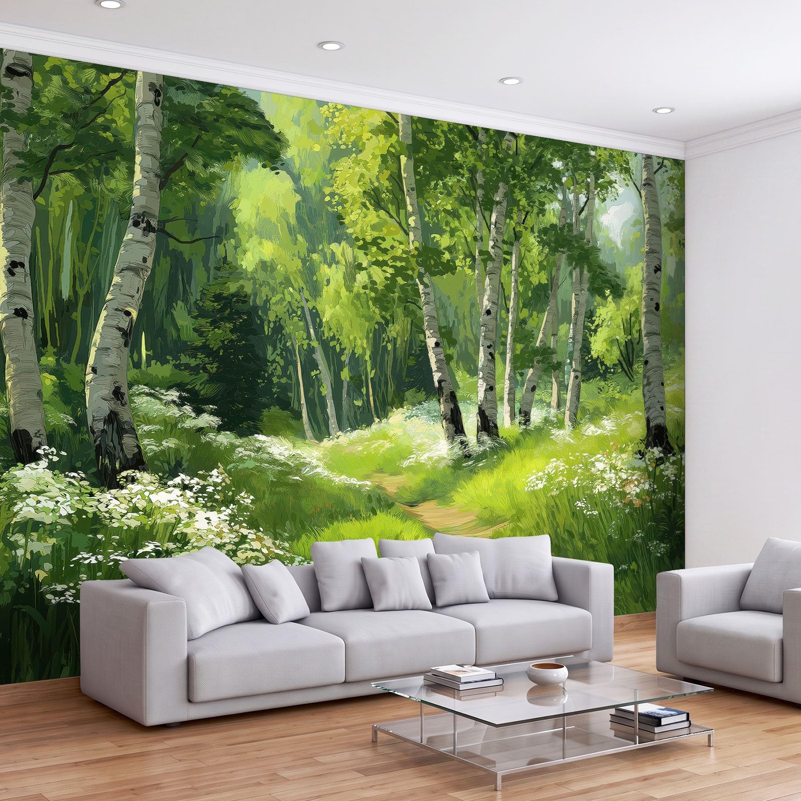 Tapeta mural do salonu 350 x 256 cm natura las rośliny brzozowe plakat fototapeta fototapeta flizelina, nowoczesna sypialnia pokój dziecięcy TV tło dekoracja ścienna, zielona