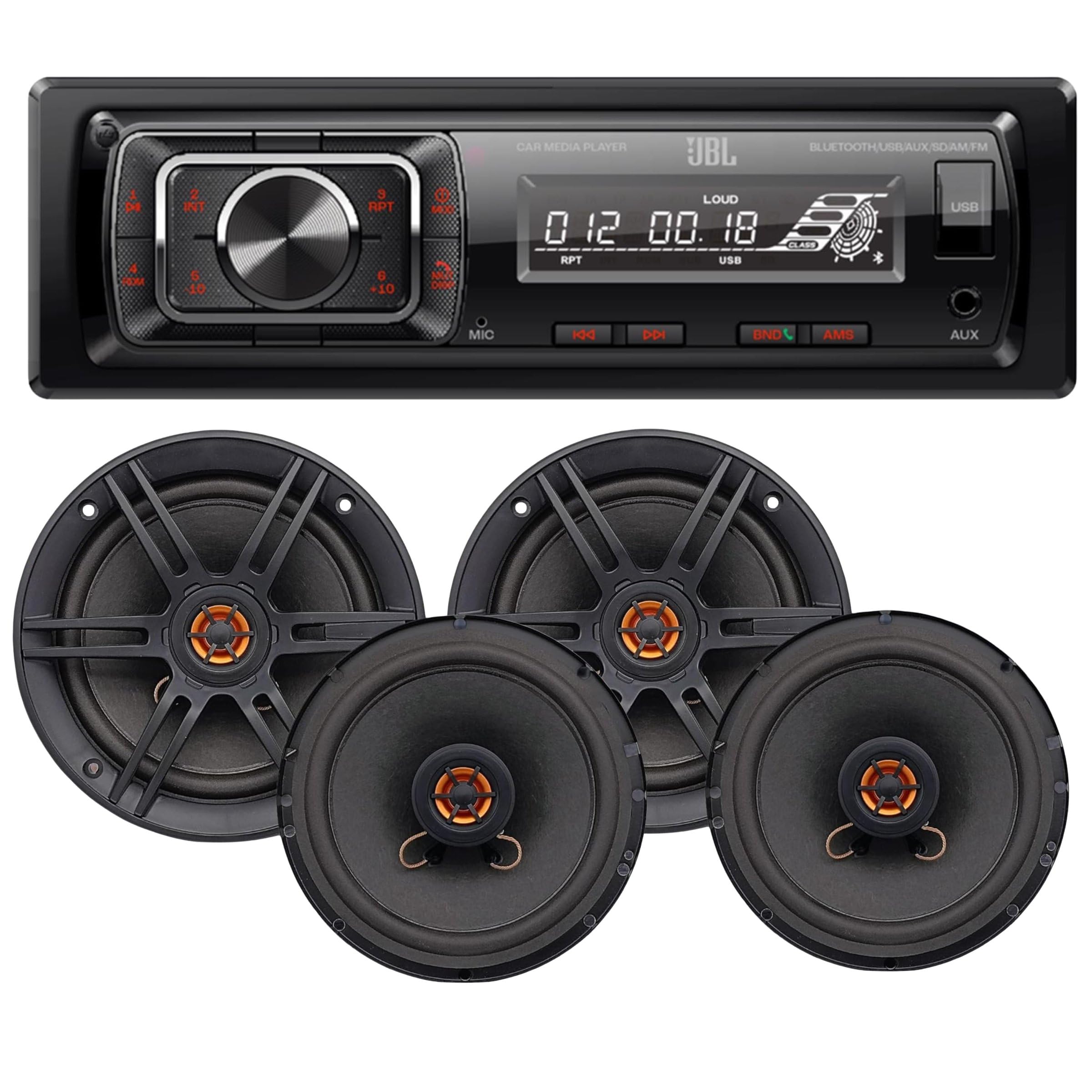 JBL Celebrity150 Single DIN Bluetooth Car Stereo Receiver w/USB/AUX/SD, Sub Output + 4X Audiobank 6.5” Coaxial Speakers (1100W Max Combined Power) -