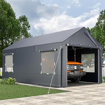 EROMMY Carport, 10x20 Ft Heavy Duty Carport with Roll-up Windows,Portable Garage with Removable Sidewalls, Car Canopy with All-Season Tarp for Truck, Tractor, Boat, Grey
