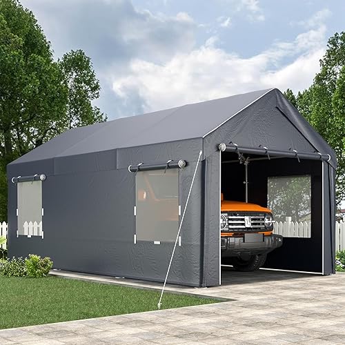 EROMMY Carport, 10' x 20' Heavy Duty Carport with Roll-up Windows，Portable Garage with Removable Sidewalls, Car Canopy with All-Season Tarp and Sandbags for Truck, Tractor, Boat, Gray
