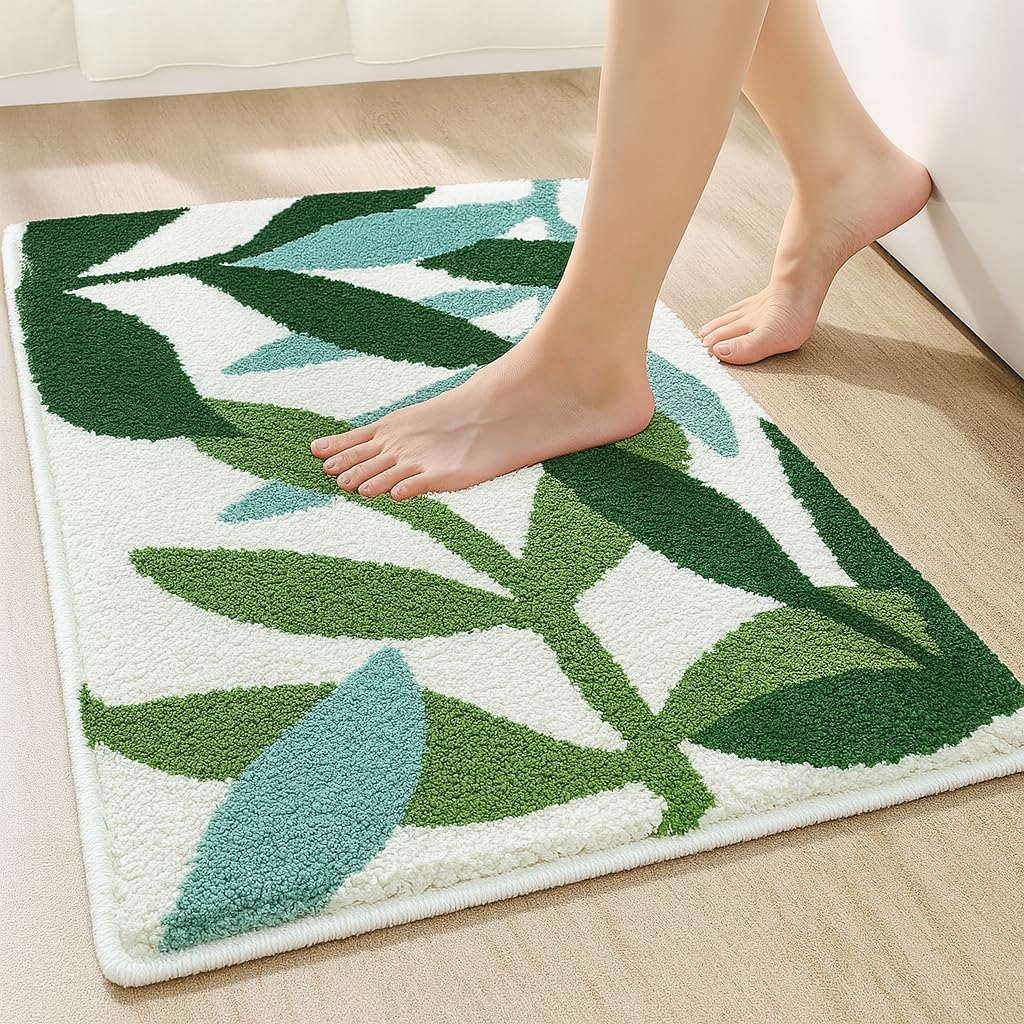 Roseate Leaves Super Soft Anti Skid (40x60 cm) Microfiber 2000 GSM Bath Mat Super Absorbent Anti-Skid Door Mats for Home/Bathroom/Bedroom/Kitchen/Floor Mat (White & Green) Pack of 1