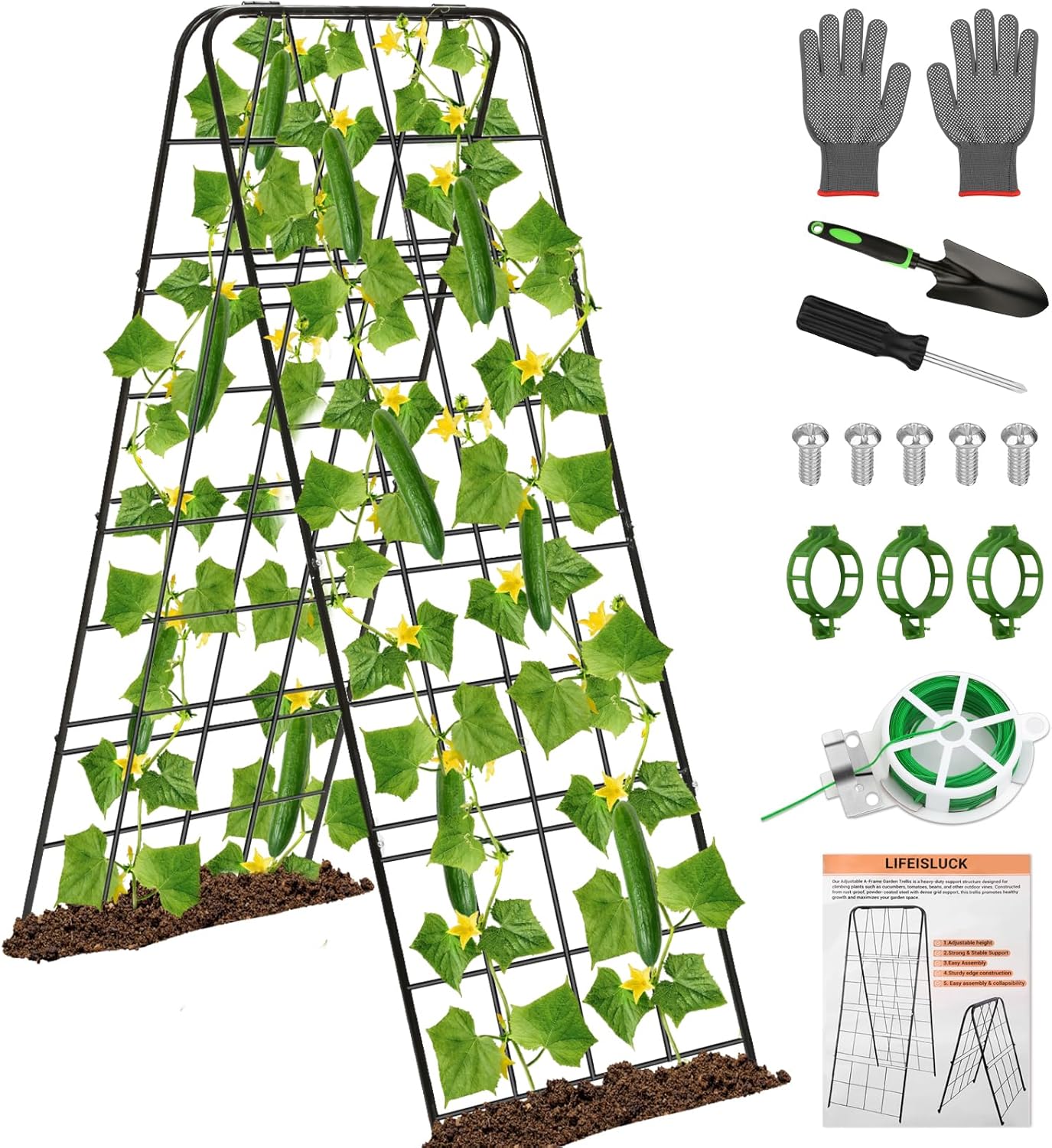 Cucumber Trellis 43.3’’x15.7’’ with Twist Tie and Clips, A-Frame Garden Trellis for Climbing Plants Heavy Duty Metal Plant Support for Cucumber, Grape, Tomato, Pea, Bean, Flower, Raised Bed
