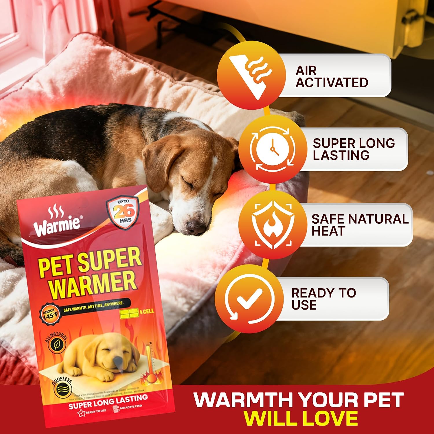 Warmie Super Warmer for Dogs & Cats | Air‑Activated Pet Heat Packs | Bigger & Wider for Bed & Crate Warmth | All‑Natural, Odorless, Steady Heating for Cold Weather Comfort | Safe Warmth | 5 Pack