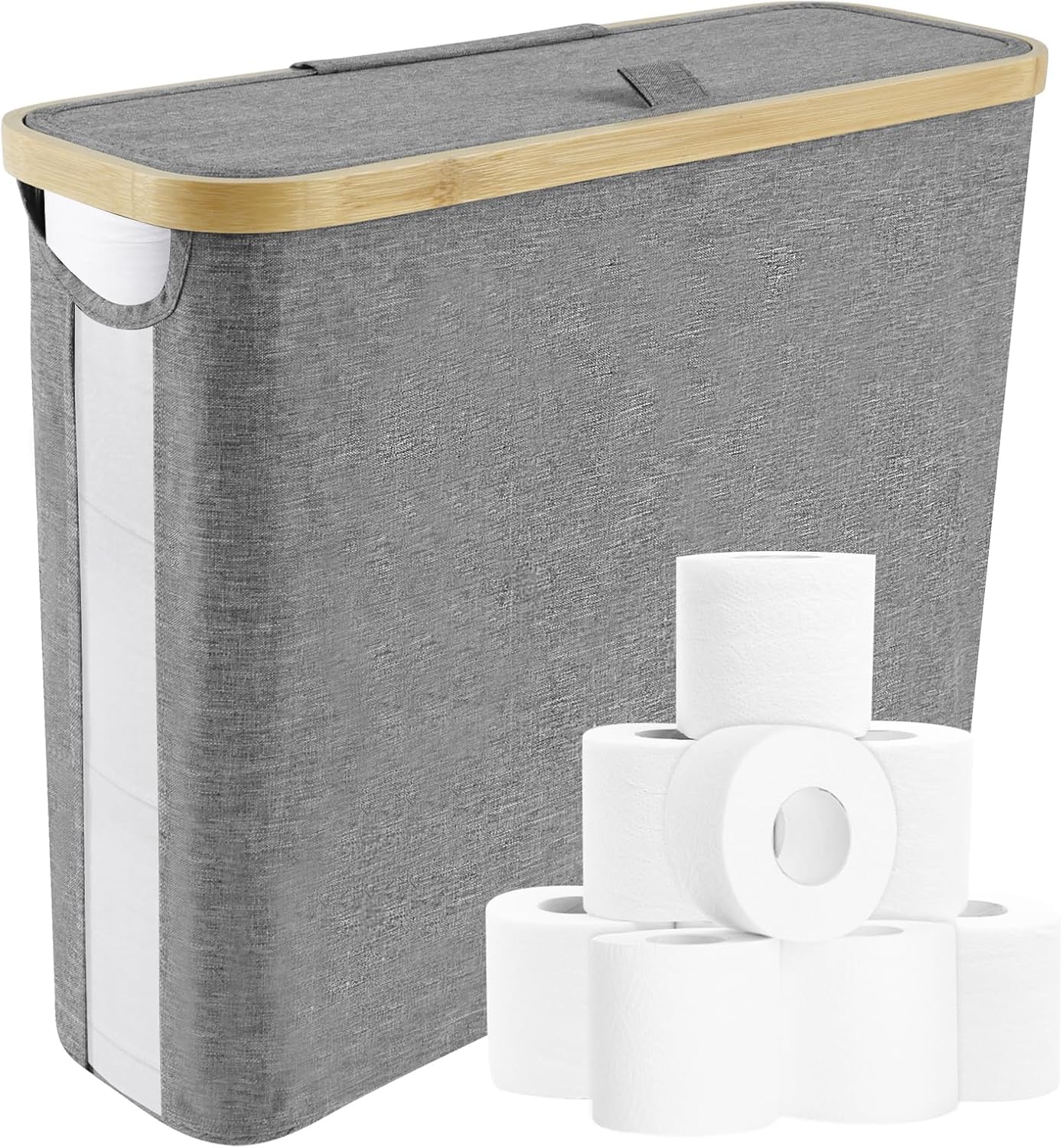 Nihuifdpy Grey Toilet Roll Storage Stand, Toilet Roll Storage Basket With Side Window And Lid, Multifunctional Toilet Roll Paper Storage Holder Organiser, Free Standing Box Unit Organizer For Bathroom Rv