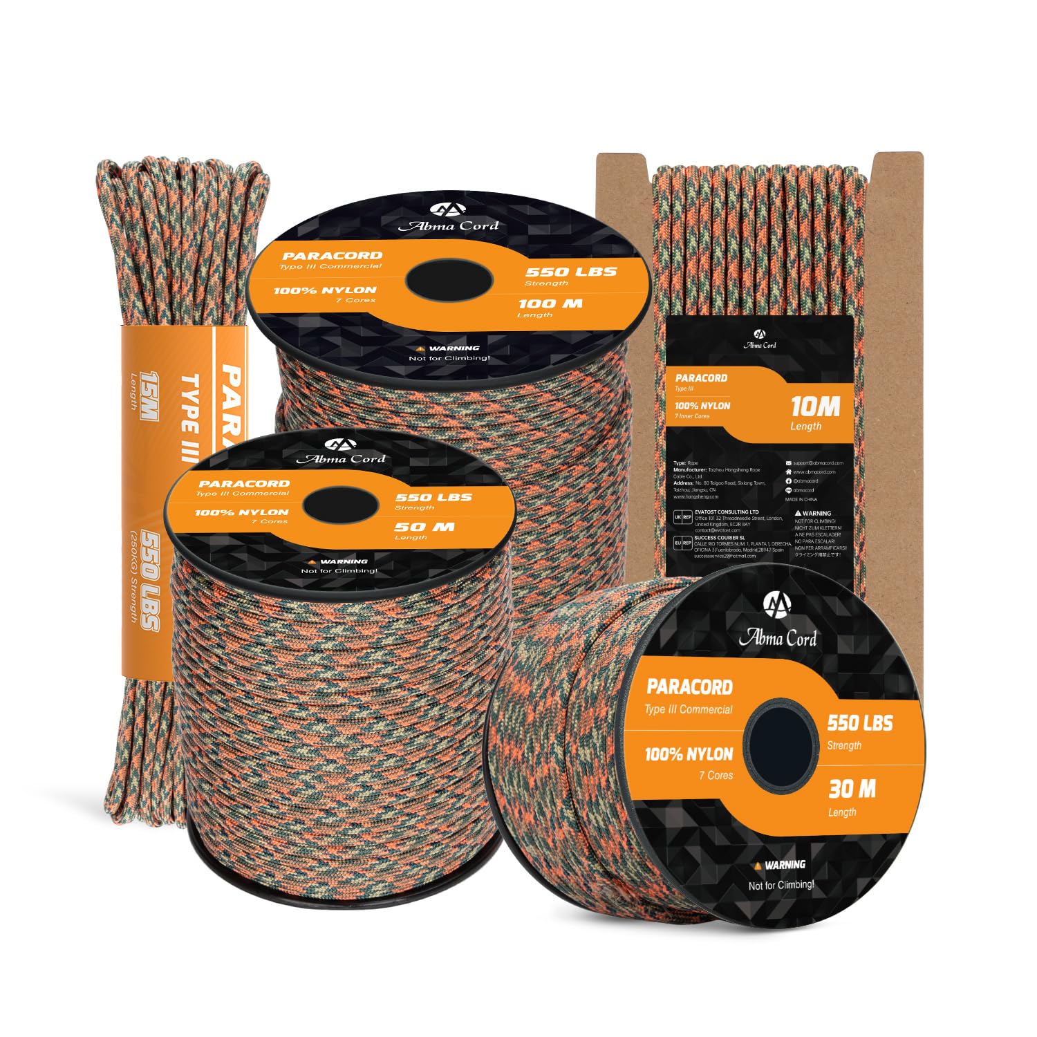 Abma Cord Paracord 550 4mm 10m 100% Nylon Rope Type III 7 Strands Parachute Cord for DIY, Camping, Survival, Outdoor - Max. 250kg - Blitz