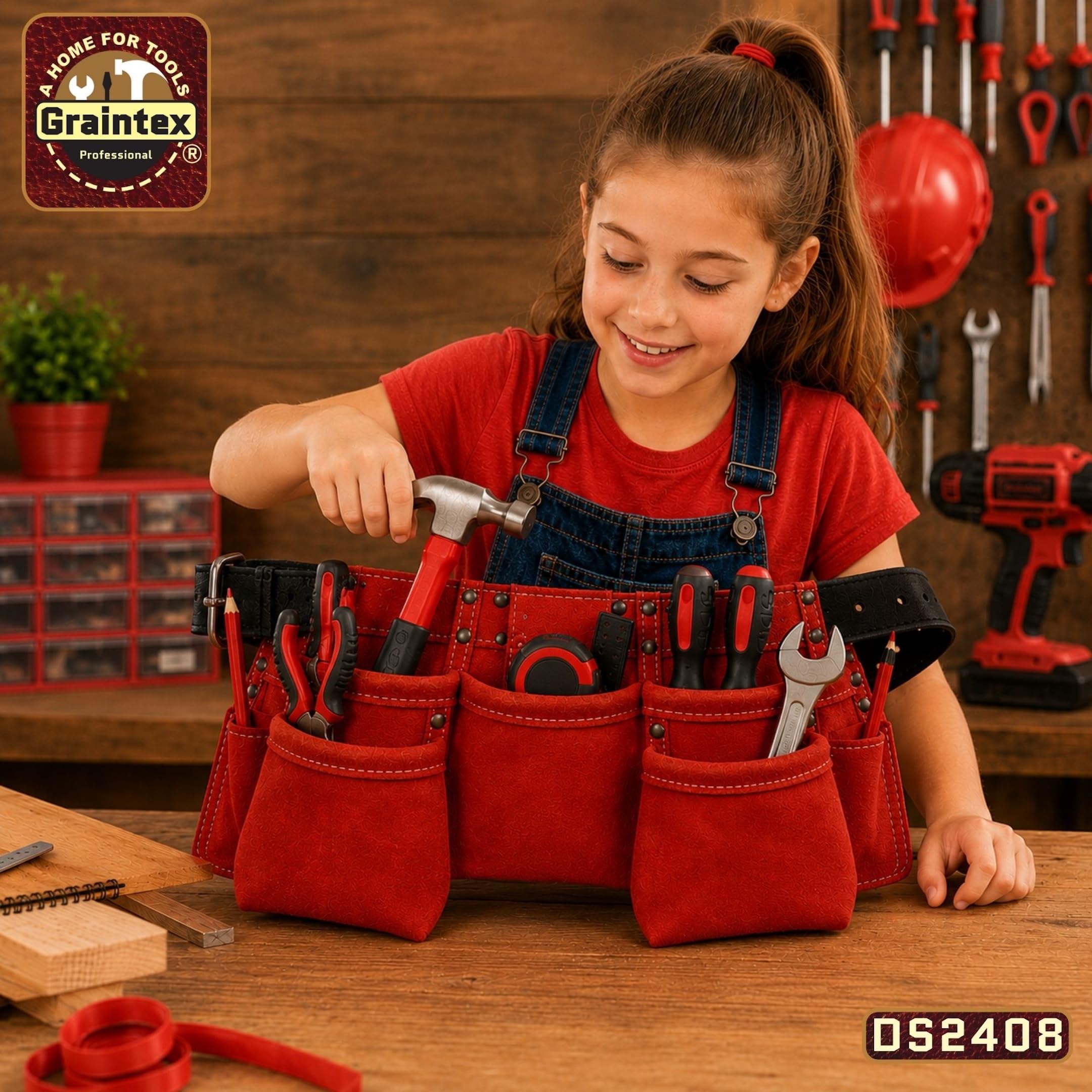 Graintex DS2408 9 bolsillo niños trabajo delantal color rojo gamuza cuero con cinturón de cuero de 1.1/2 pulgadas, 2 martillos titulares lazos