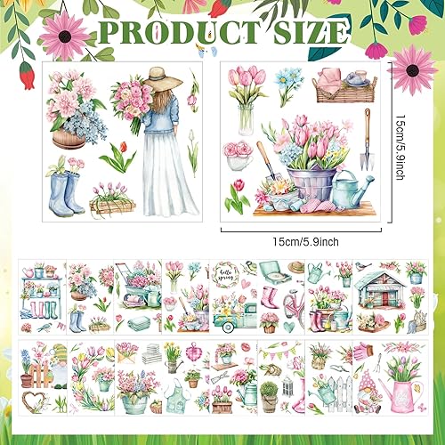 Miniatura 3 de Dispowreath 16 hojas de calcomanías de transferencia de Pascua para álbumes de recortes, calcomanías de conejo, pollo, flores, transferencias para