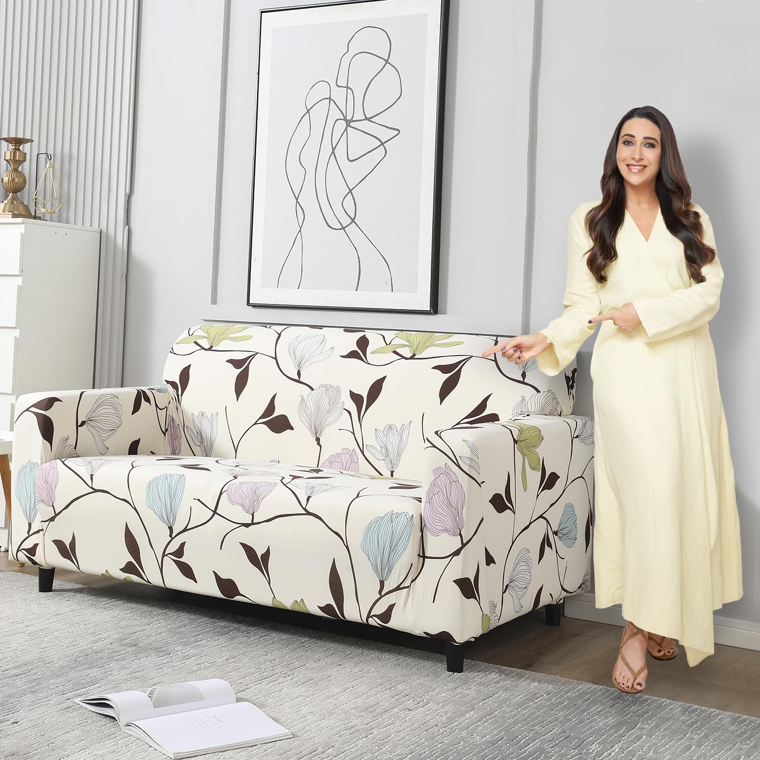HOKIPO Sofa Cover 2 Seater Fully Covered, Beige Brown Leaves