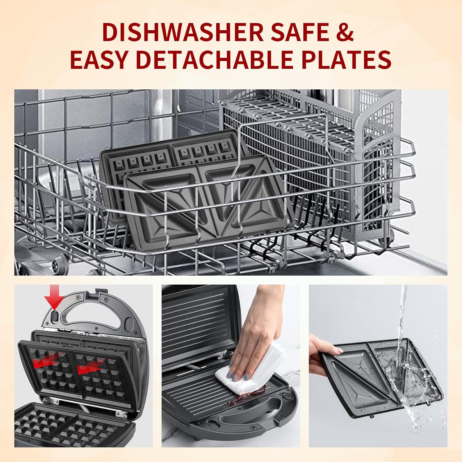 Waffle Maker Sandwich 3-In-1 Toaster Panini Press Grill With Removable Plates Waffle Iron Machine Non-Stick 2-Slice Belgian Breakfast Grilled Cheese,Omelette,High Gloss Panel 750W Gray BEZIA