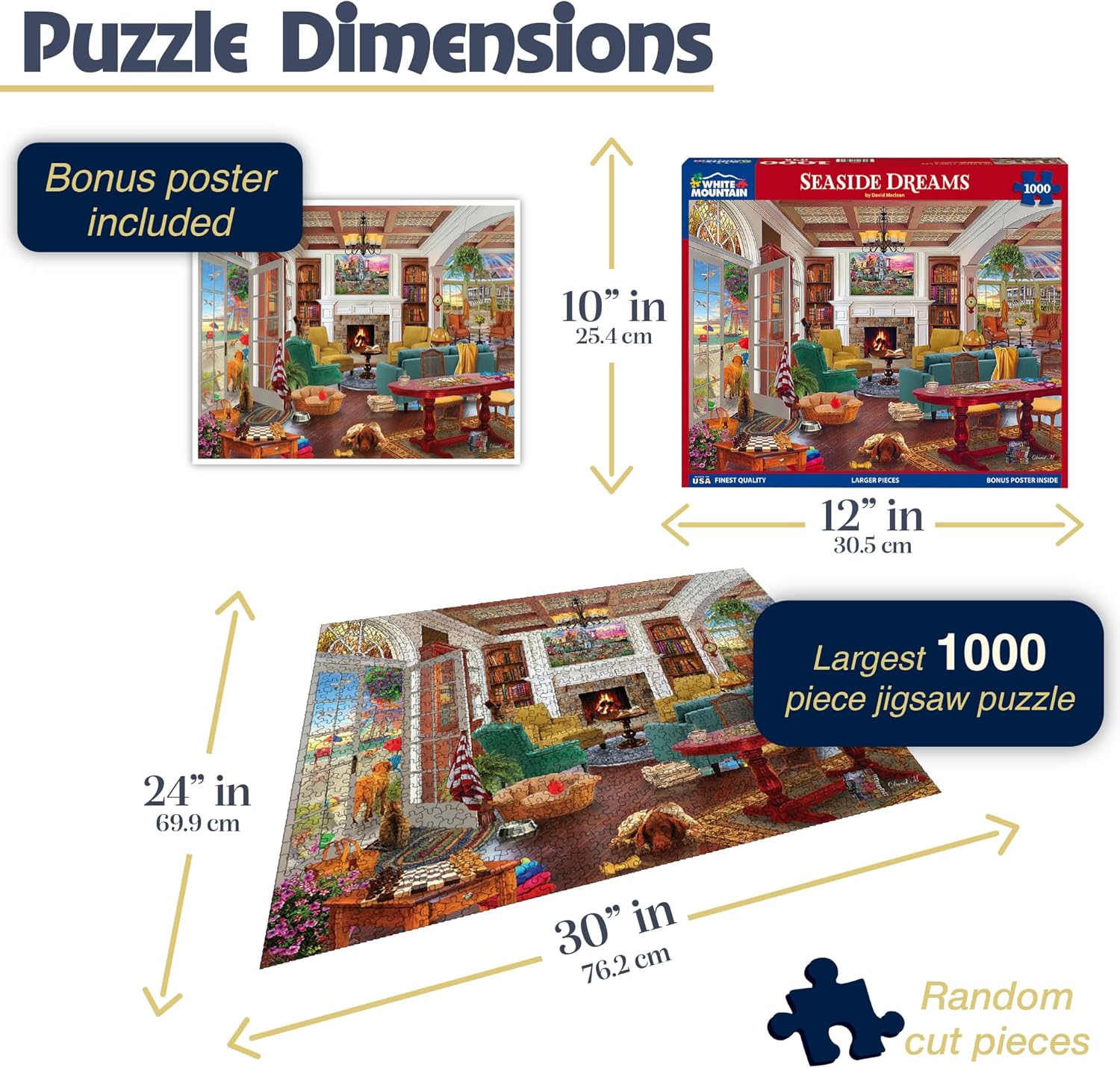 White Mountain 1000 Piece Jigsaw Puzzle Cozy Beach House Puzzles with Large Pieces for Adults and Family 24"x30" - Seaside Dreams