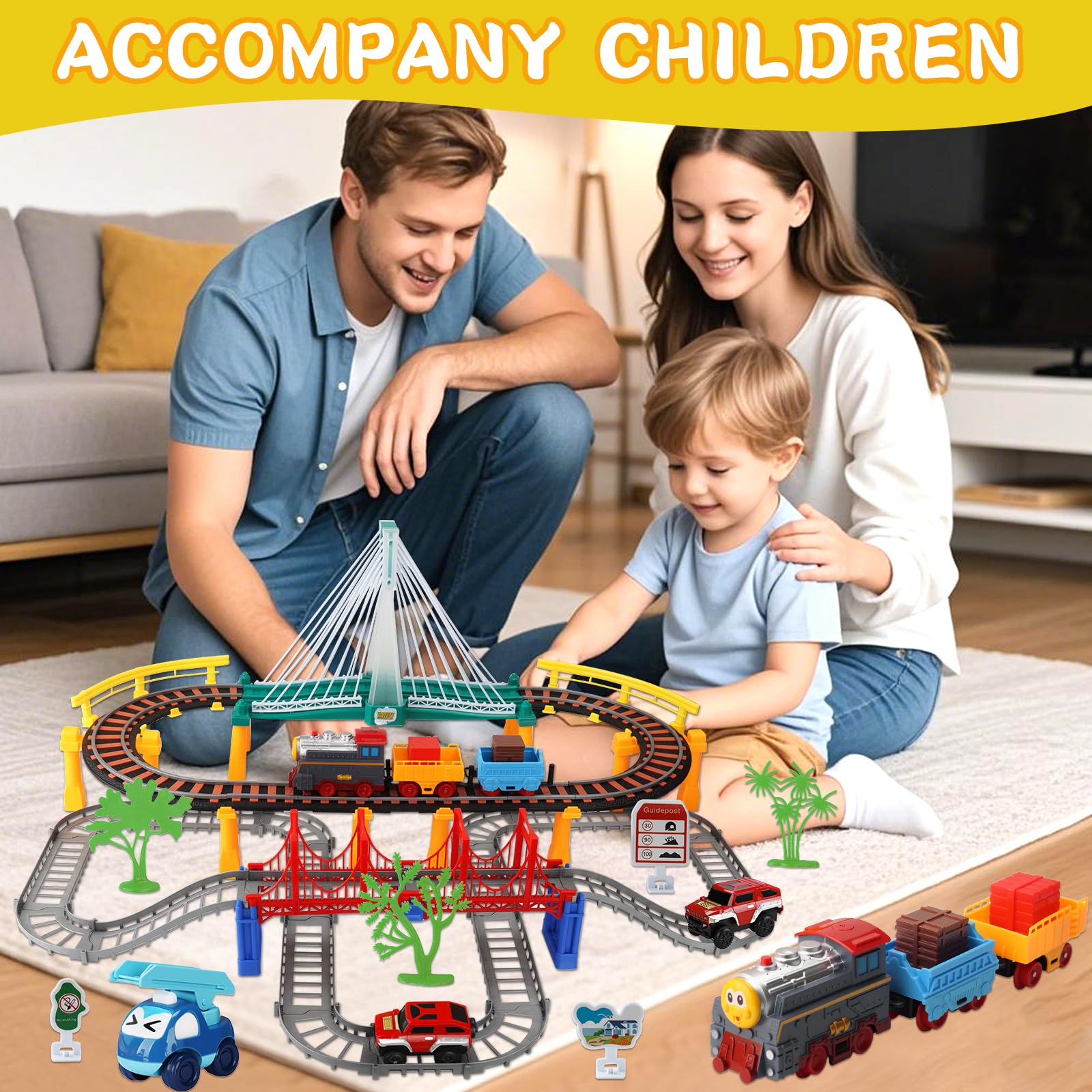 Circuit Voiture,Circuit Train Electrique,141 Pièces Ensemble Train Enfant,Petit Electrique avec Voitur et Voies Ferrées,Sons et Lumières,Jouet de Cadeau Éducatif Garçons